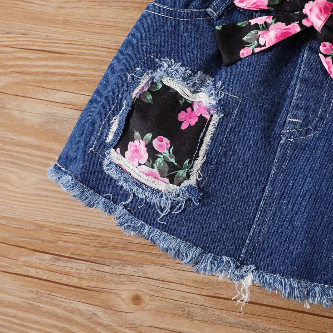 2pcs Baby Girl 100% Cotton Buttons Front Ribbed Ruffle Long-sleeve Romper and 95% Cotton Ripped Belted Denim Skirt Set Pink image 5