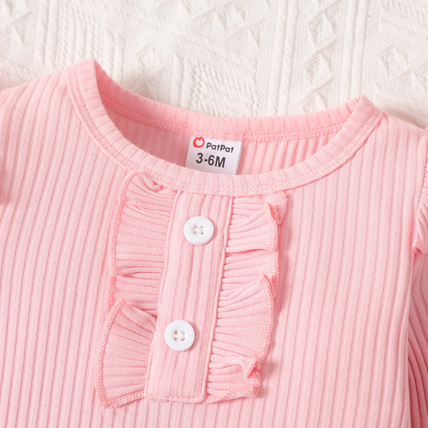 2pcs Baby Girl 100% Cotton Buttons Front Ribbed Ruffle Long-sleeve Romper and 95% Cotton Ripped Belted Denim Skirt Set Pink image 3