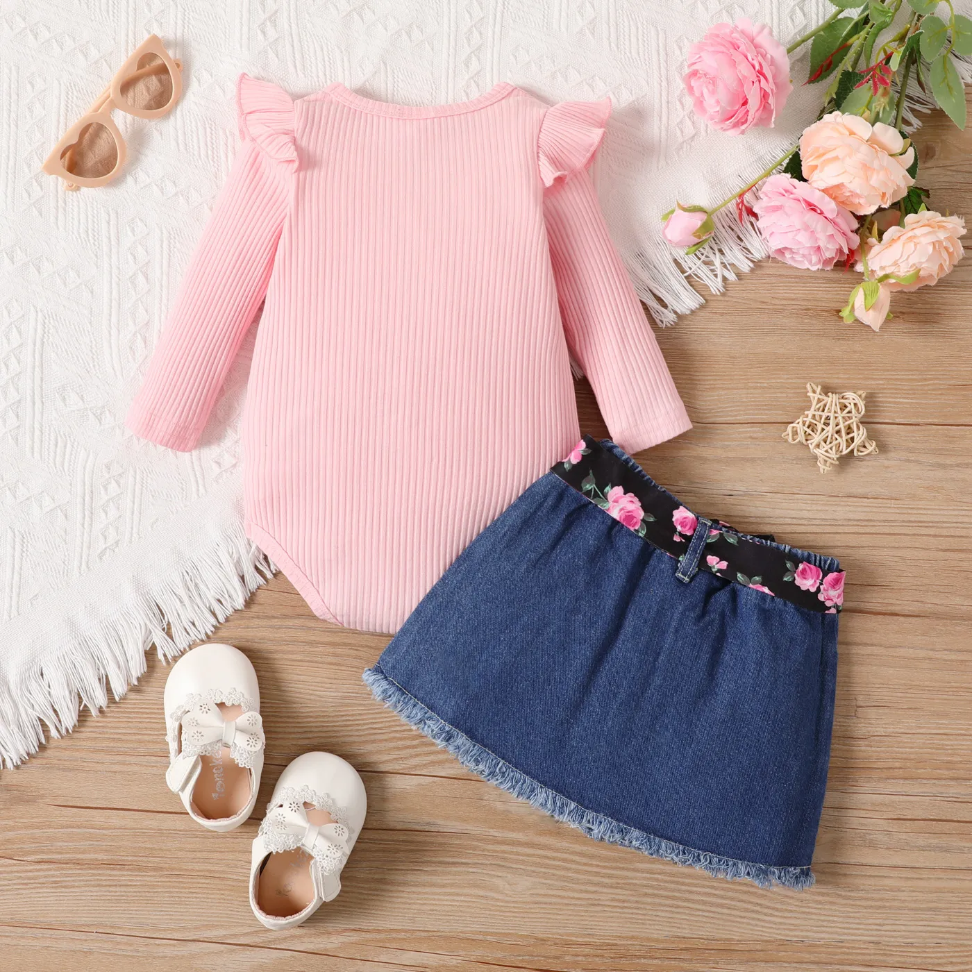 2pcs Baby Girl 100% Cotton Buttons Front Ribbed Ruffle Long-sleeve Romper and 95% Cotton Ripped Belted Denim Skirt Set Pink image 2