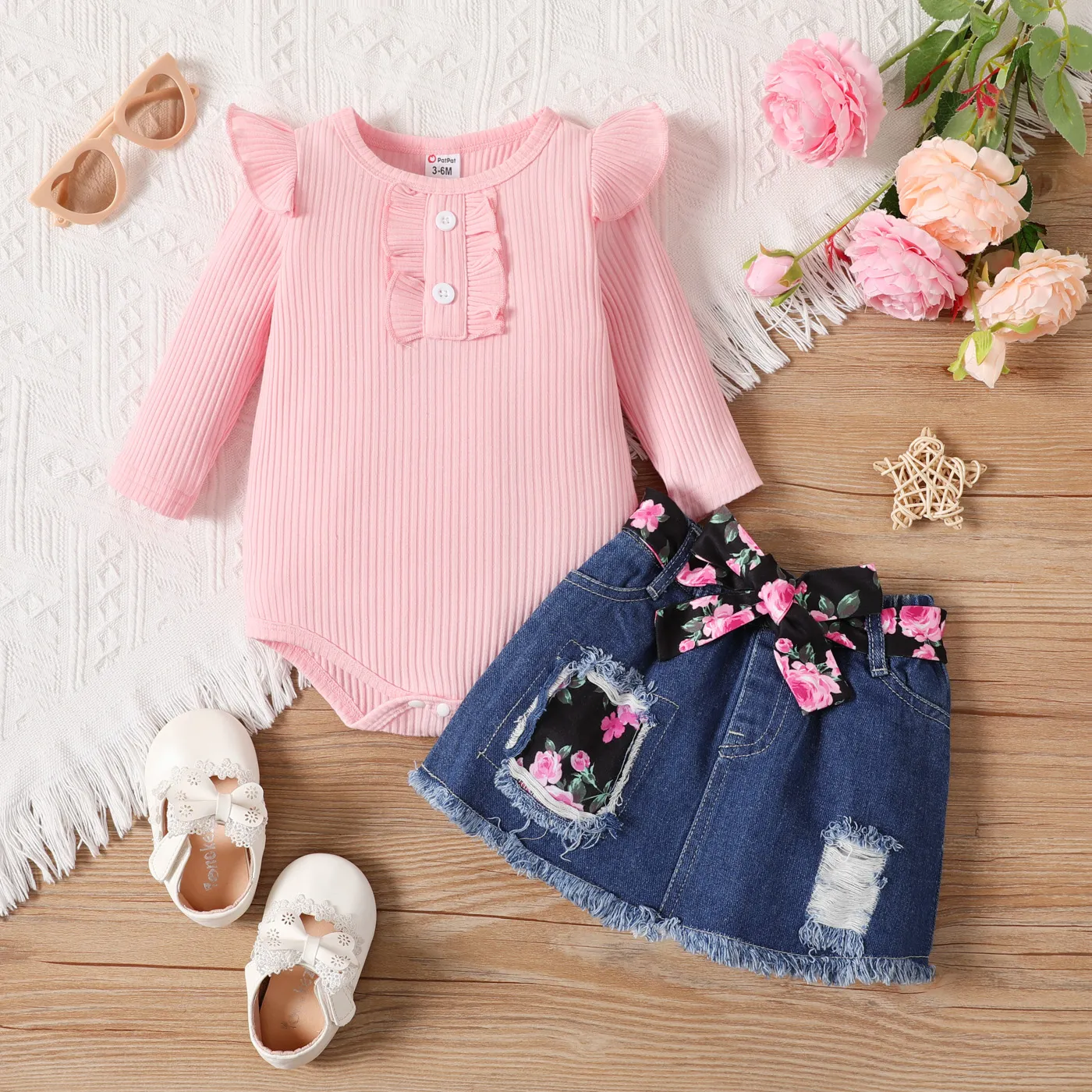 2pcs Baby Girl 100% Cotton Buttons Front Ribbed Ruffle Long-sleeve Romper and 95% Cotton Ripped Belted Denim Skirt Set Pink big image 1