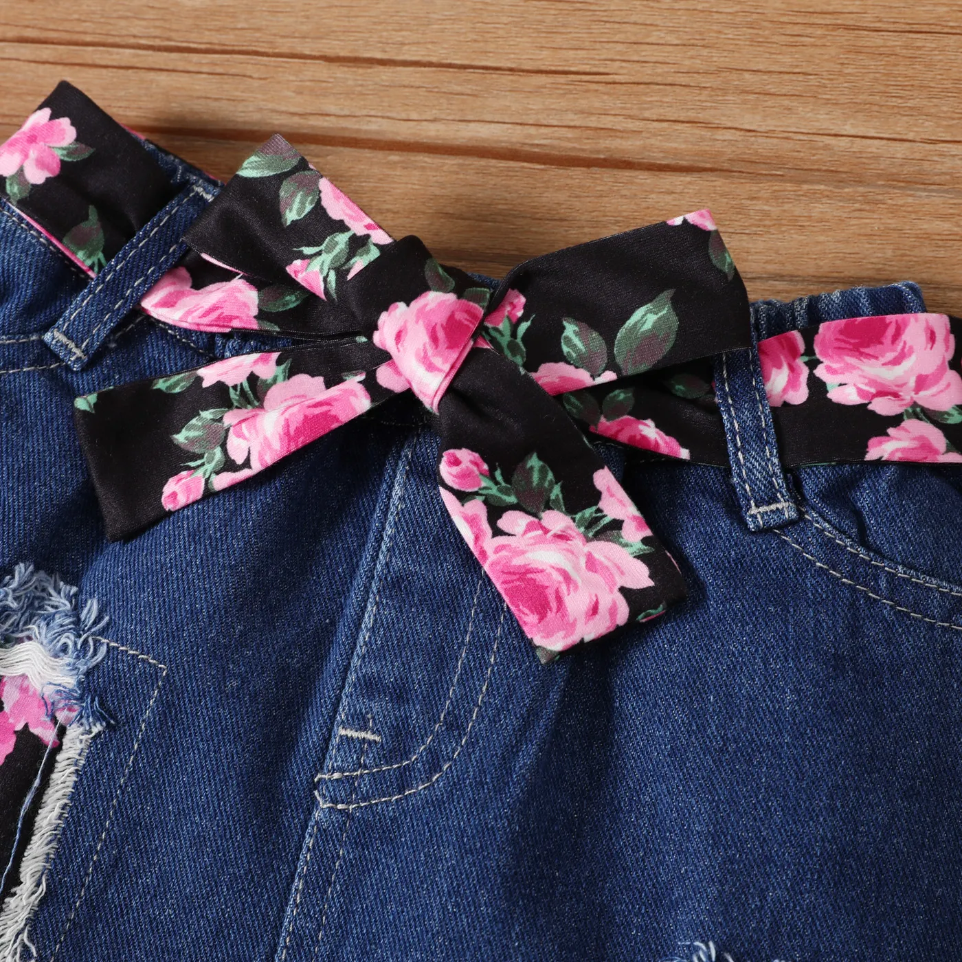 2pcs Baby Girl 100% Cotton Buttons Front Ribbed Ruffle Long-sleeve Romper and 95% Cotton Ripped Belted Denim Skirt Set Pink image 4
