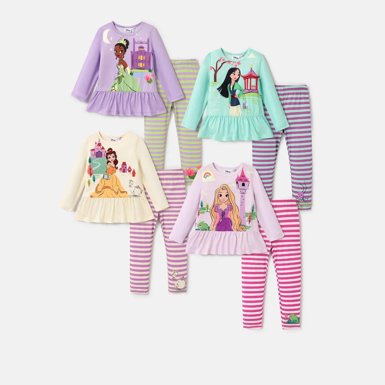 Disney Princess Toddler Girl 2pcs Character Print Peplum Long-sleeve Tee and Stripe Pants Set  Deep Blue big image 1