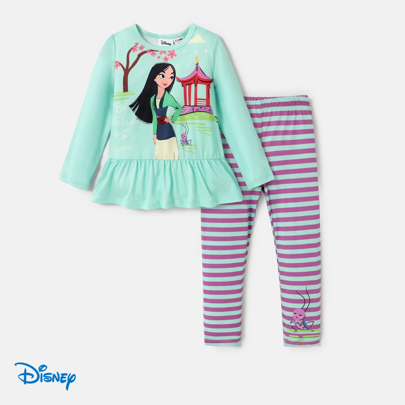 Disney Princess Toddler Girl 2pcs Character Print Peplum Long-sleeve Tee and Stripe Pants Set  Green big image 1