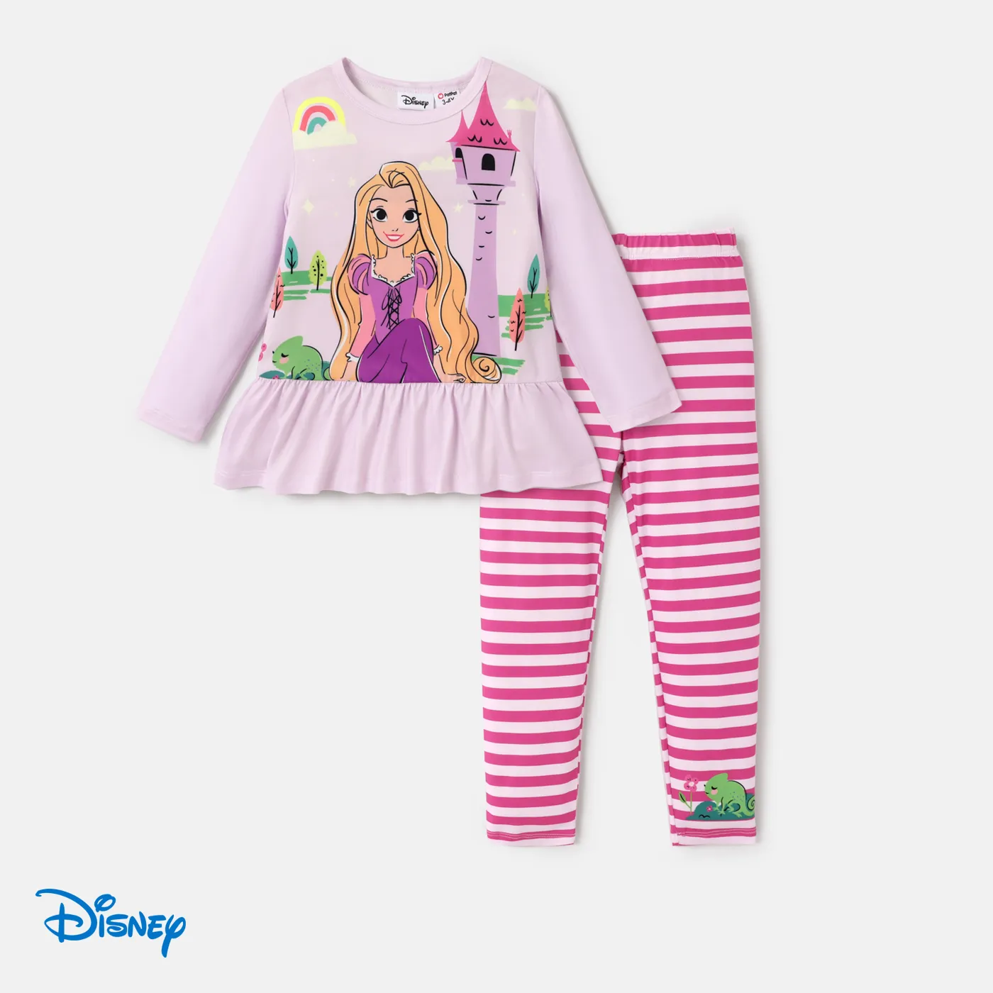 Disney Princess Toddler Girl 2pcs Character Print Peplum Long-sleeve Tee and Stripe Pants Set  Light Purple big image 1