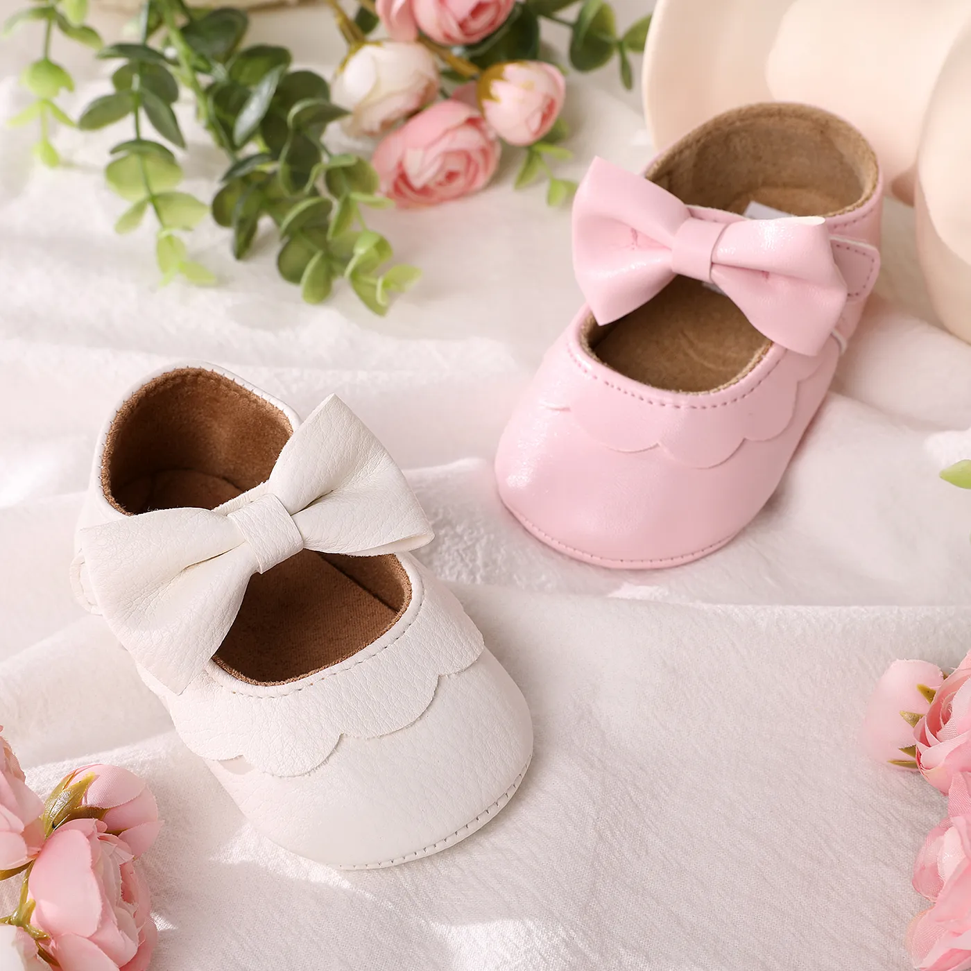 Baby / Toddler White Bowknot Decor Velcro Closure Prewalker Shoes White image 4