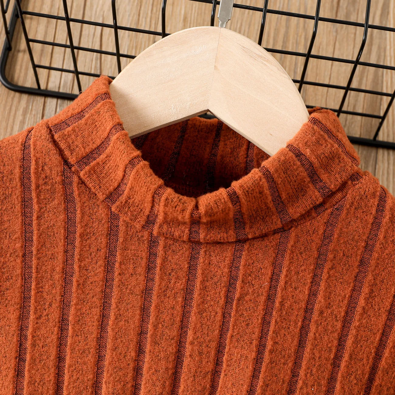 Kid Girl Basic Design Solid Color Stand Collar Long Sleeve T-Shirt  Brown big image 1