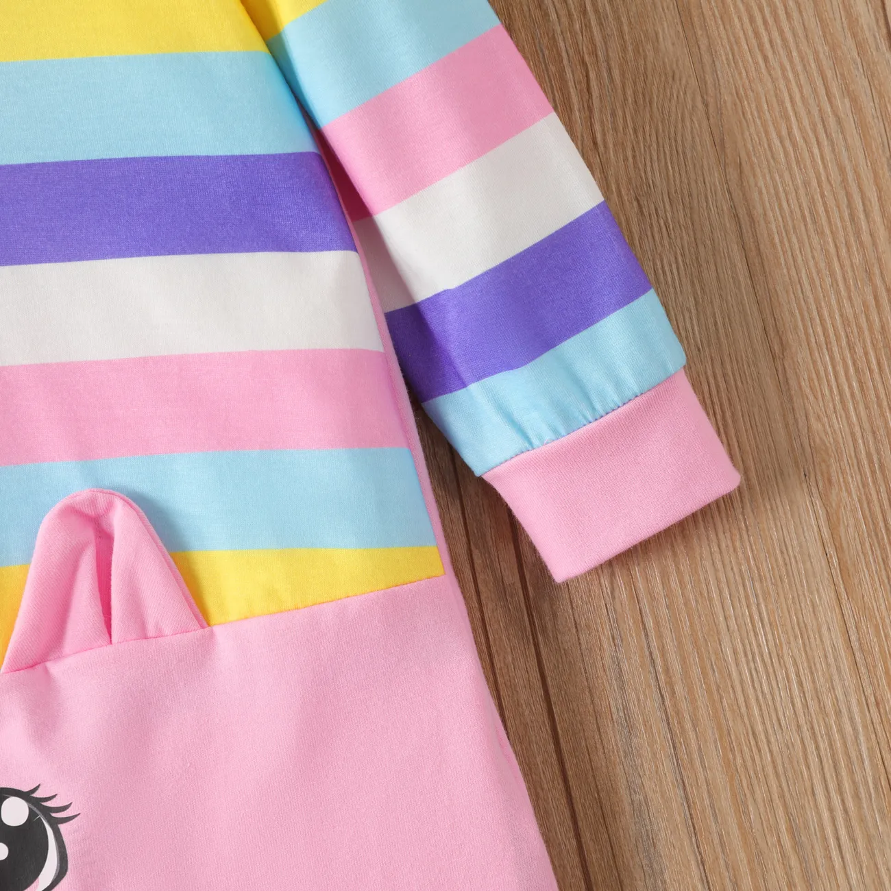 Toddler Girl Sweet Cat Animal Design Hooded Stripe Long Sleeve  Dress  Pink big image 1