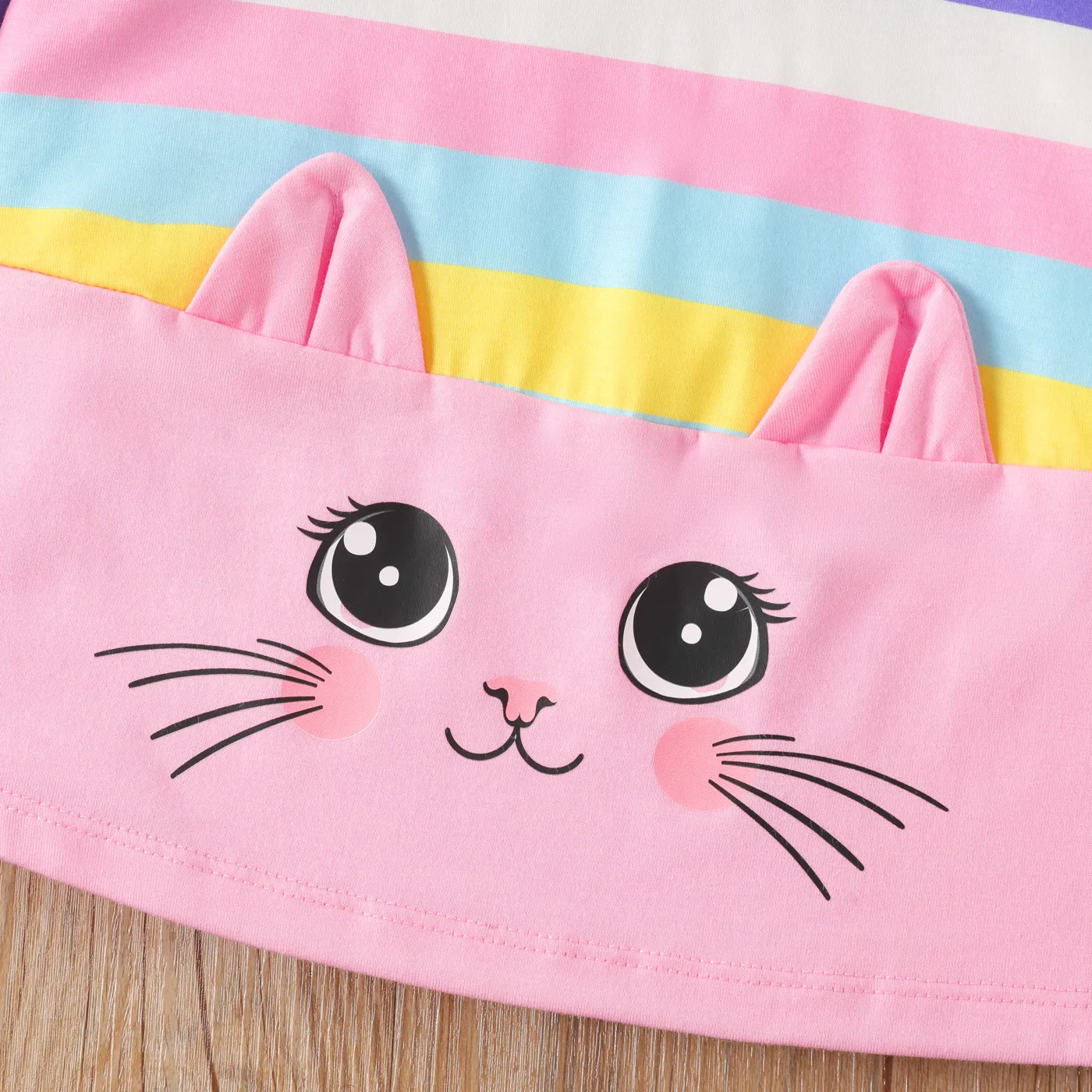 Toddler Girl Sweet Cat Animal Design Hooded Stripe Long Sleeve  Dress   image 4