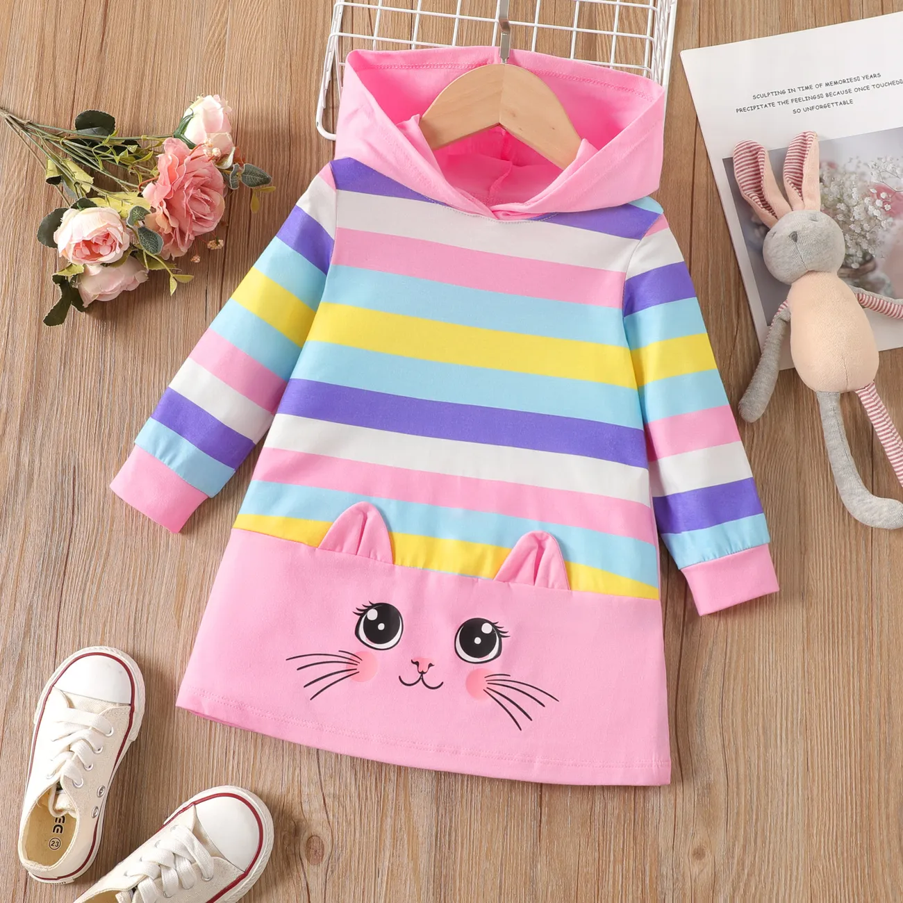 Toddler Girl Sweet Cat Animal Design Hooded Stripe Long Sleeve  Dress   big image 1