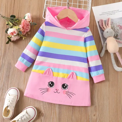 Toddler Girl Sweet Cat Animal Design Hooded Stripe Long Sleeve  Dress 