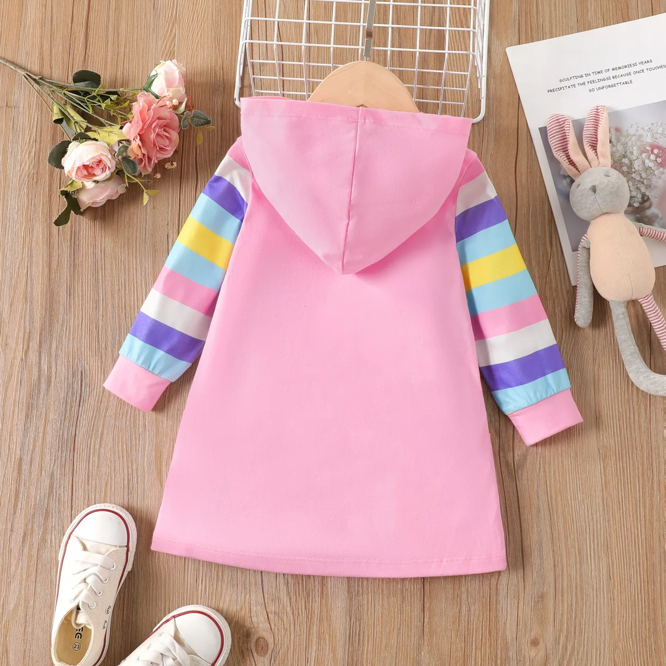Toddler Girl Sweet Cat Animal Design Hooded Stripe Long Sleeve  Dress  Pink big image 1
