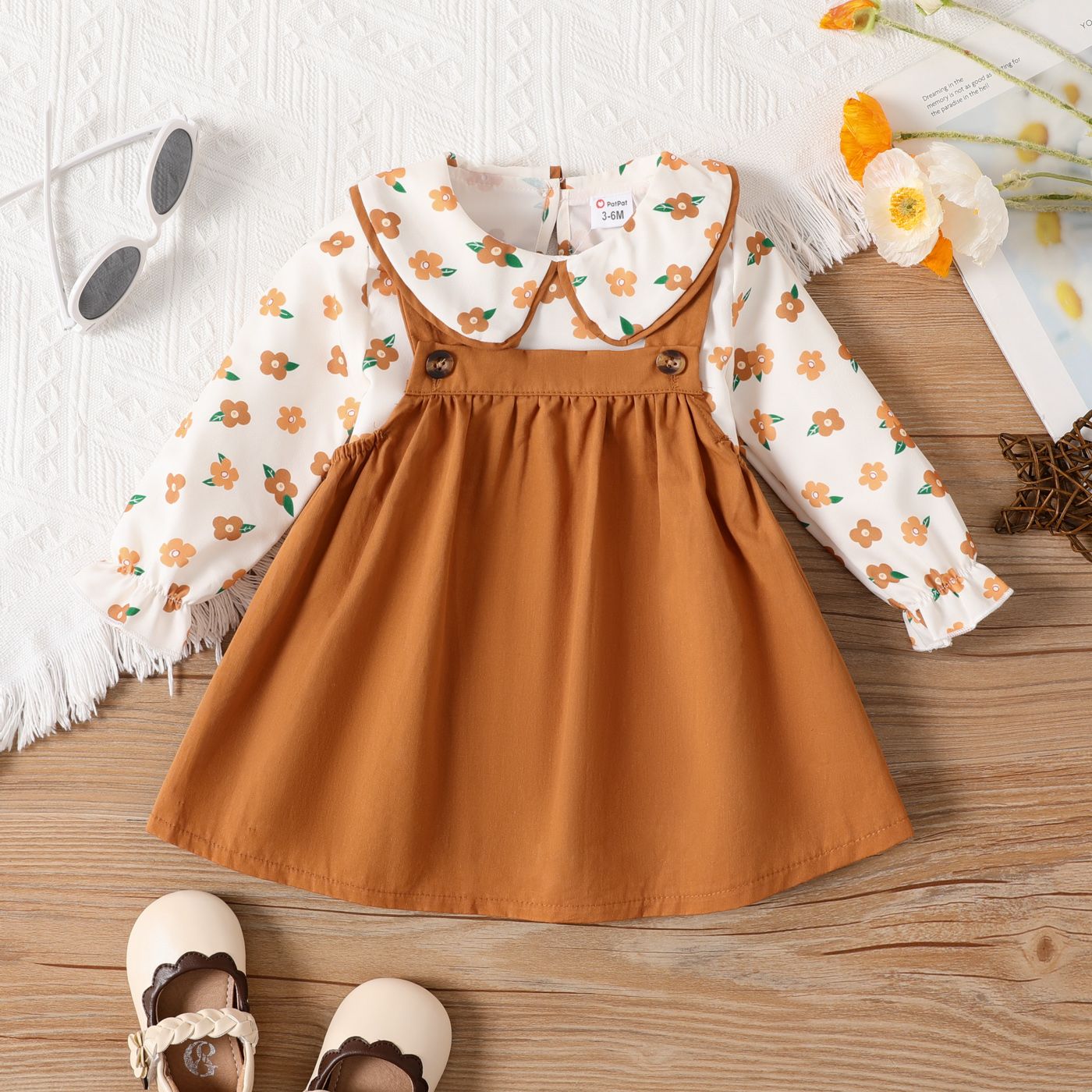 2pcs Baby Girl Allover Floral Print Ruffle Doll Collar Long-sleeve Top and 100% Cotton Solid Strappy Skirt Set