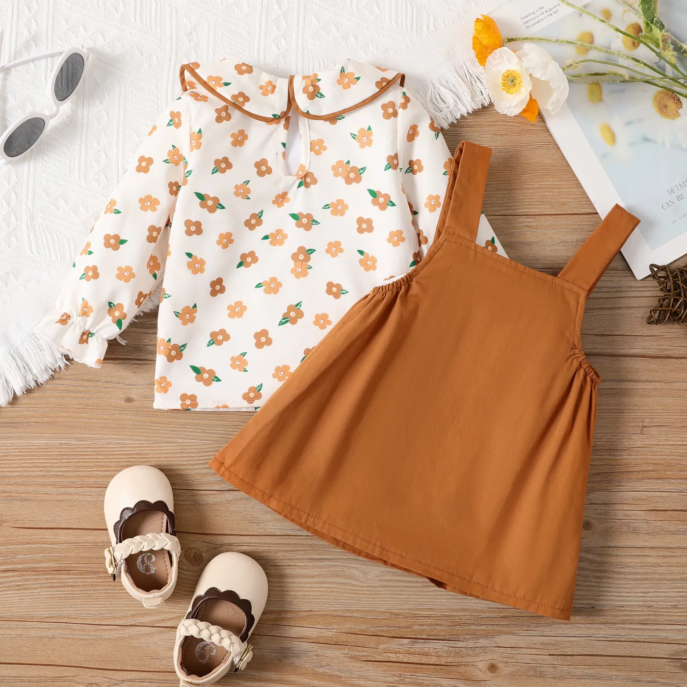 2pcs Baby Girl Allover Floral Print Ruffle Doll Collar Long-sleeve Top and 100% Cotton Solid Strappy Skirt Set  image 3