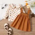 2pcs Baby Girl Allover Floral Print Ruffle Doll Collar Long-sleeve Top and 100% Cotton Solid Strappy Skirt Set  image 2