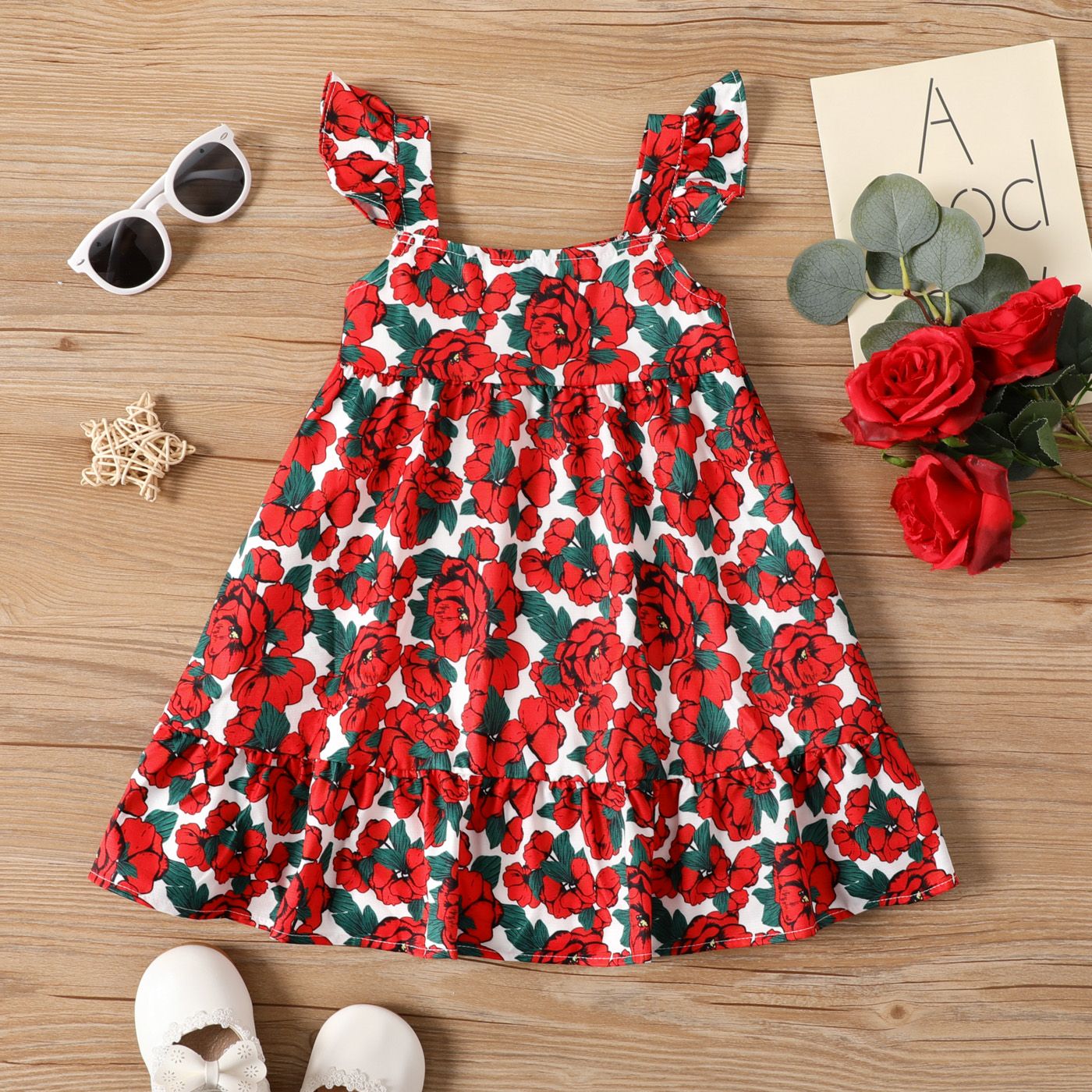 Toddler Girl Rose Pattern Flutter Sleeve Dress