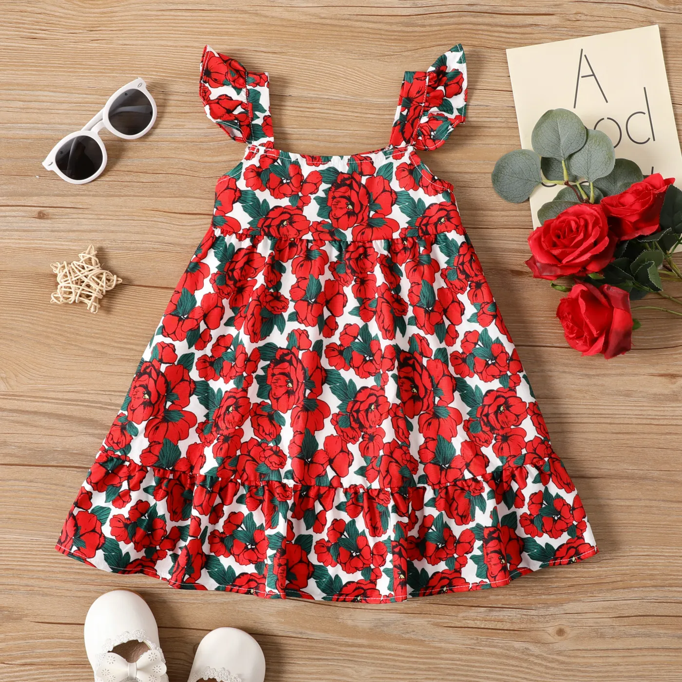 Toddler Girl Rose Pattern Flutter Sleeve Dress  big image 1