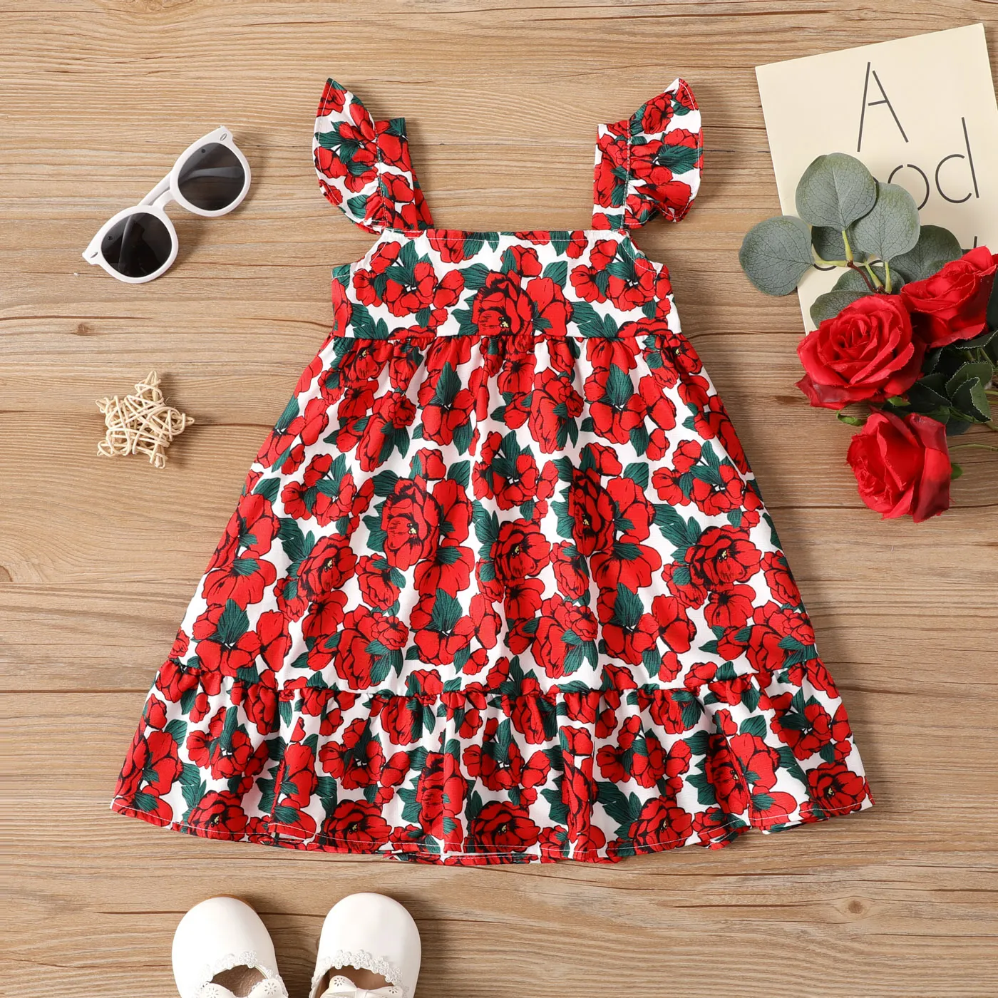 Toddler Girl Rose Pattern Flutter Sleeve Dress  image 2