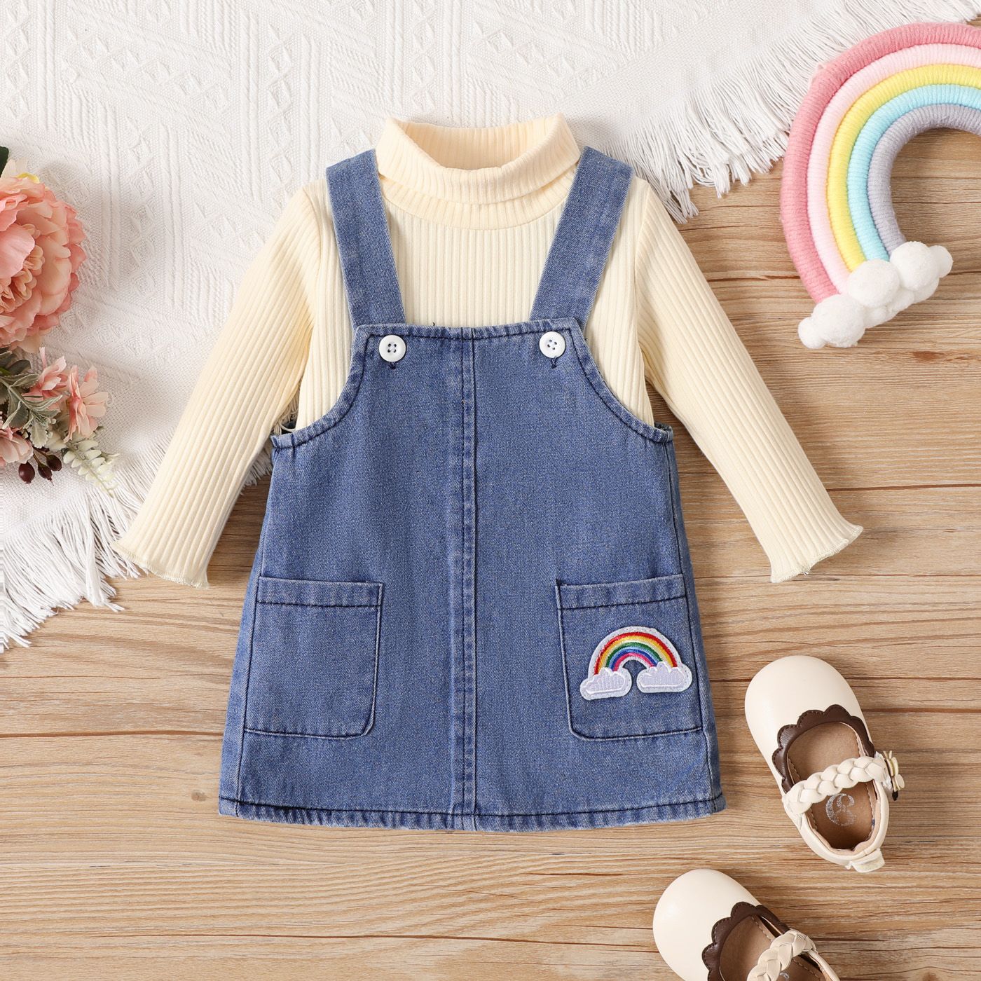 2pcs Baby Girl Elegant Rainbow Patch Longsleeve Dress Set
