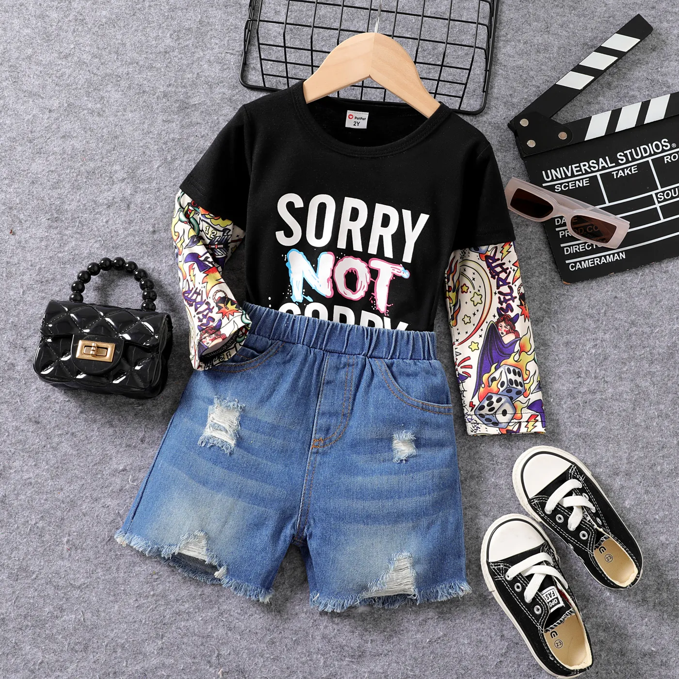 2pcs Toddler Girl Letter Pattern Avant-garde in Medium Thickness Cotton Regular Fit with Faux Layered Design Set  big image 1
