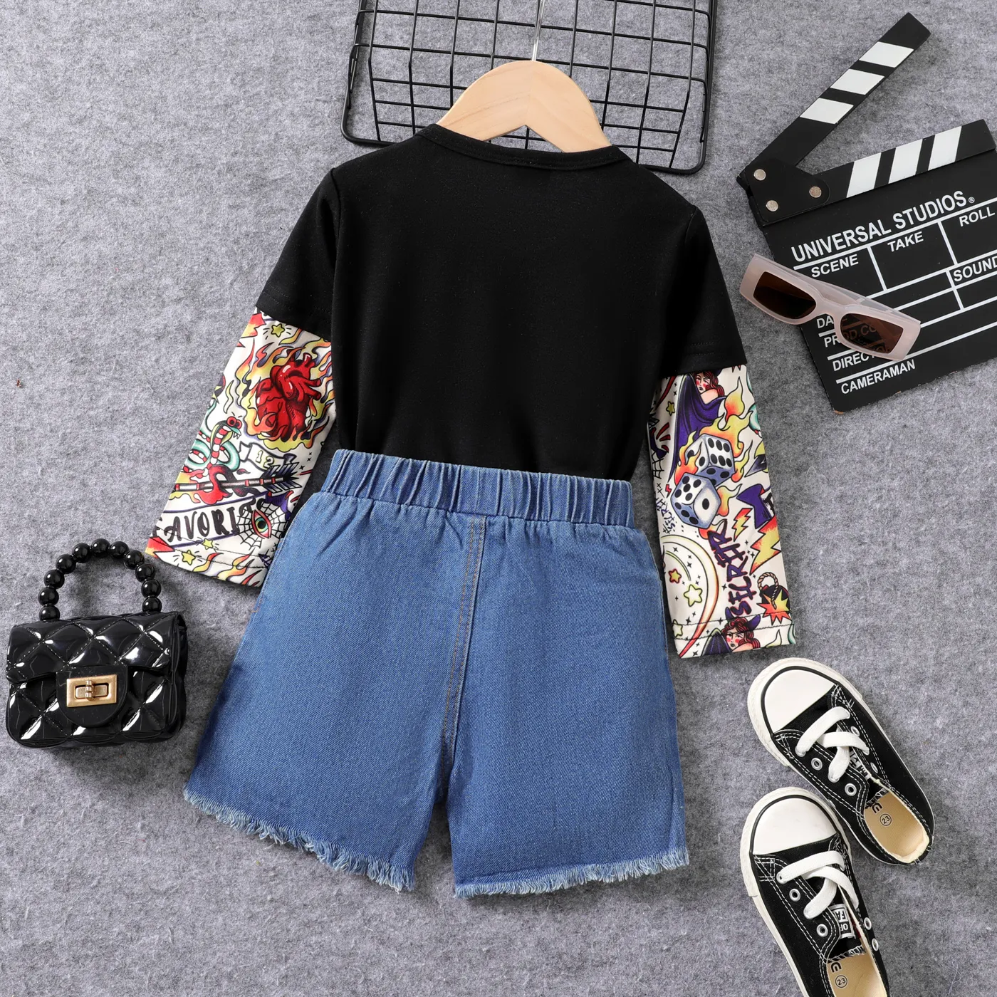 2pcs Toddler Girl Letter Pattern Avant-garde in Medium Thickness Cotton Regular Fit with Faux Layered Design Set  image 2