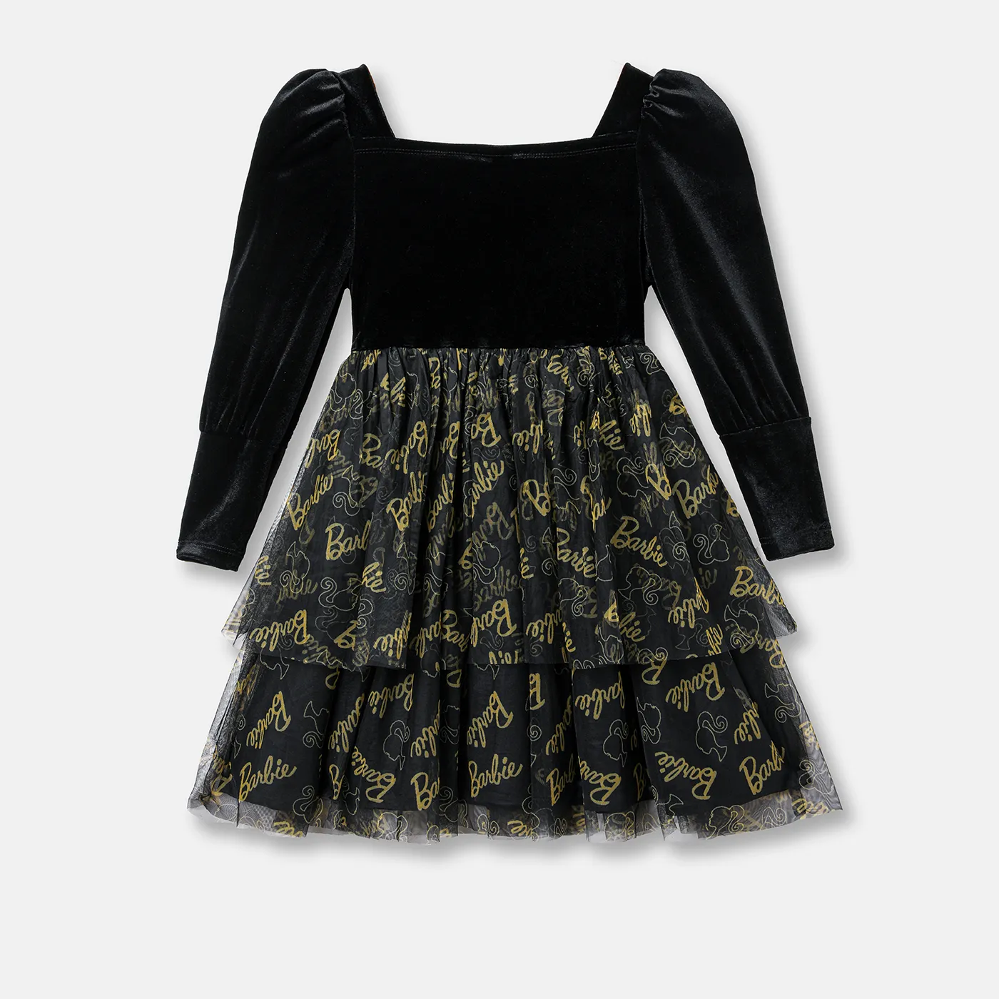 Barbie Kid Girl Glitter Letter Graphic Long-sleeve Mesh Fairy Dress Black image 5