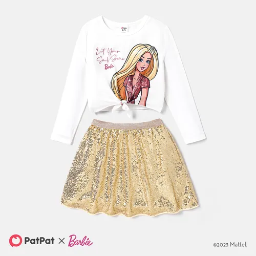 Barbie Kid Girl 2pcs Naia™ Figure Print Long-sleeve Top and Sequin Skirt Set 