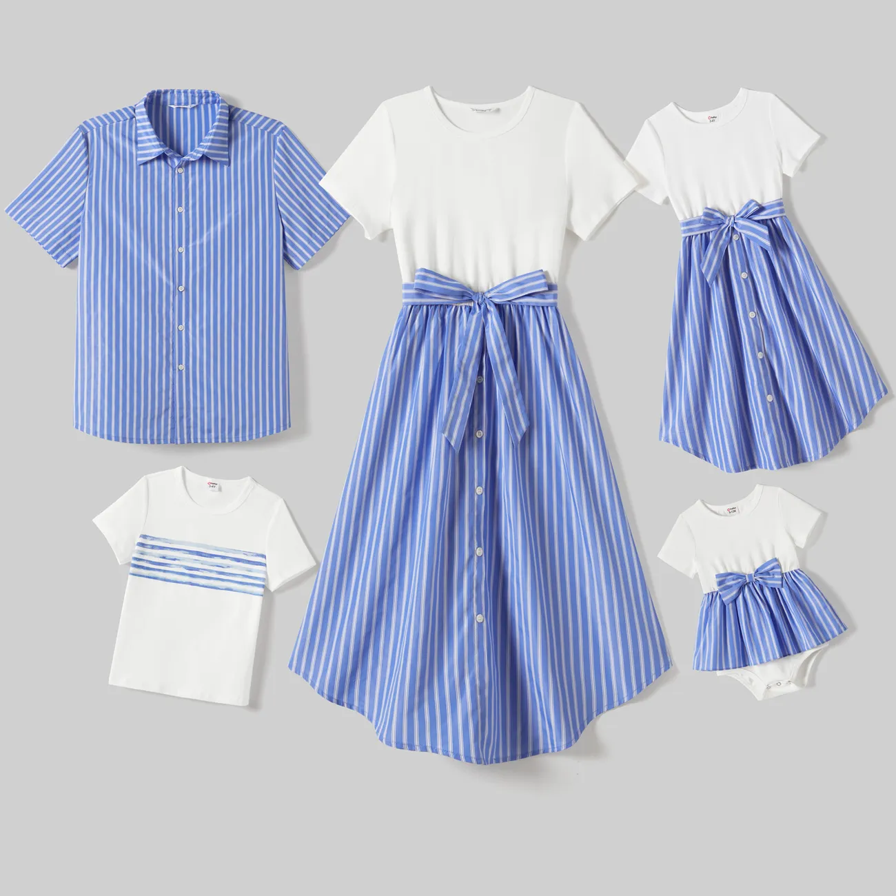 Family Matching Striped Button Belted High Low Hem Dresses and Striped Short Sleeve Tops Sets blue  white big image 1