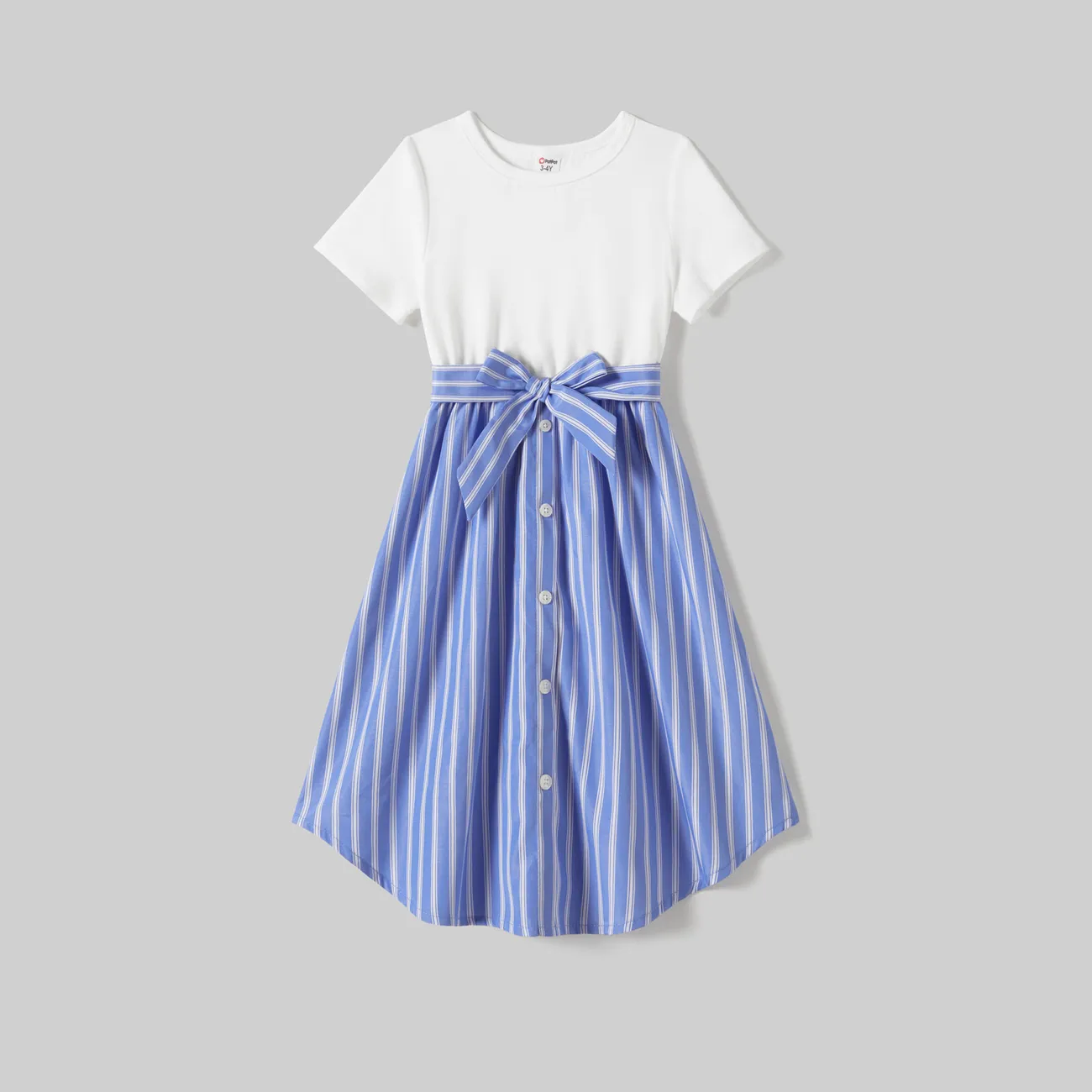 Family Matching Striped Button Belted High Low Hem Dresses and Striped Short Sleeve Tops Sets BLUEWHITE big image 1