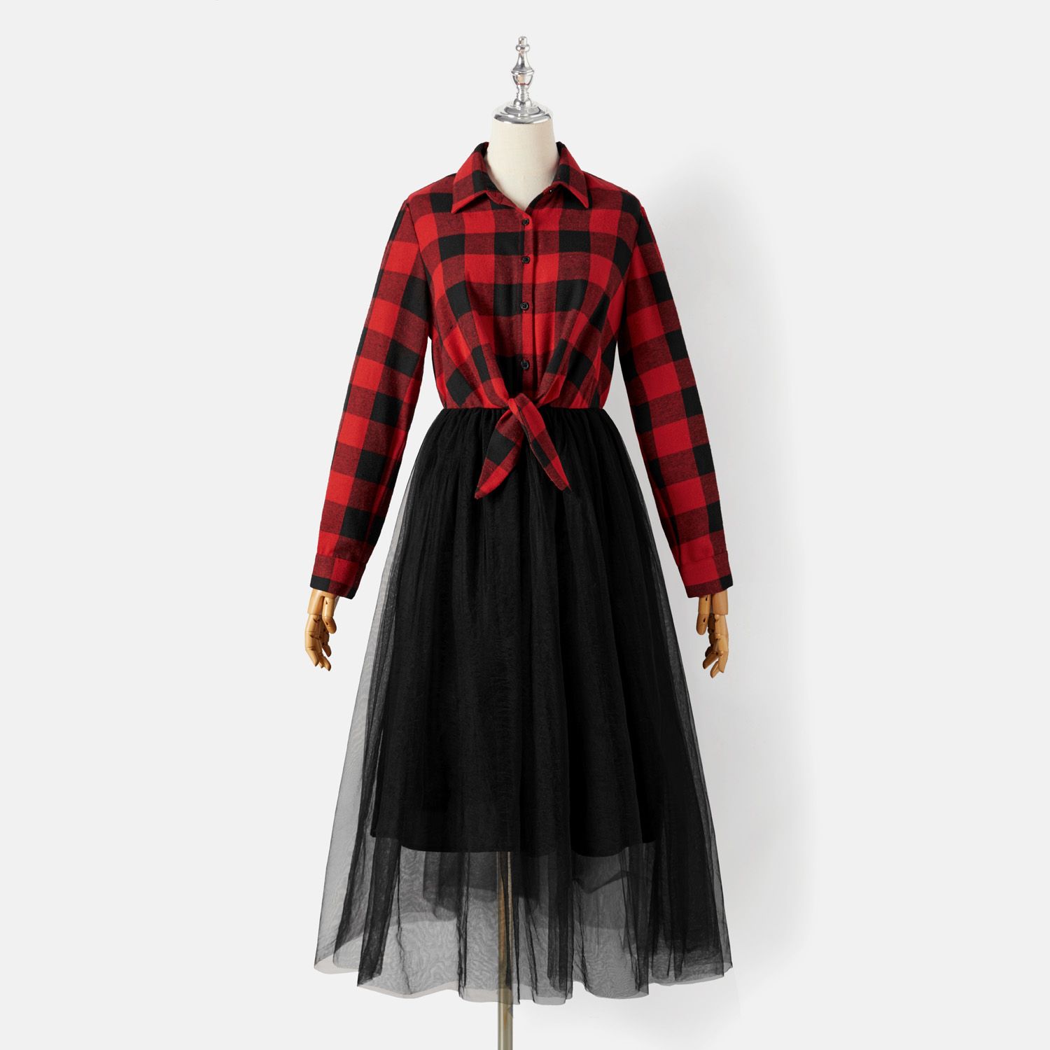 

Family Matching Plaid Long-sleeve Mesh Splicing Dresses and Tops Sets