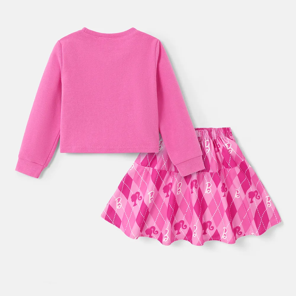 Barbie Kid Girl 2pcs Heart Print Corduroy Top and Plaid Skirt Set big image 6