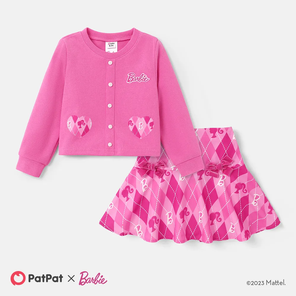 Barbie Kid Girl 2pcs Heart Print Corduroy Top and Plaid Skirt Set   big image 1
