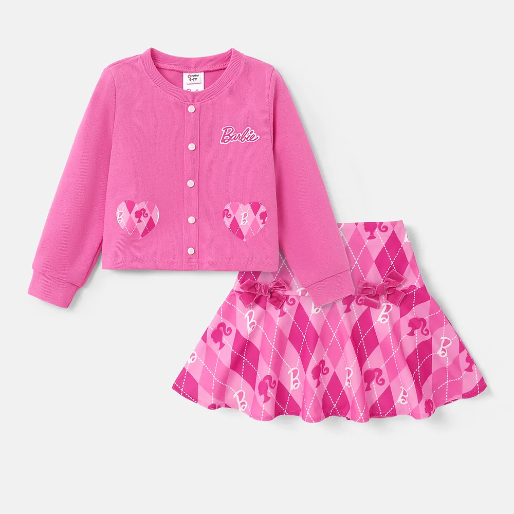 Barbie Kid Girl 2pcs Heart Print Corduroy Top and Plaid Skirt Set big image 7