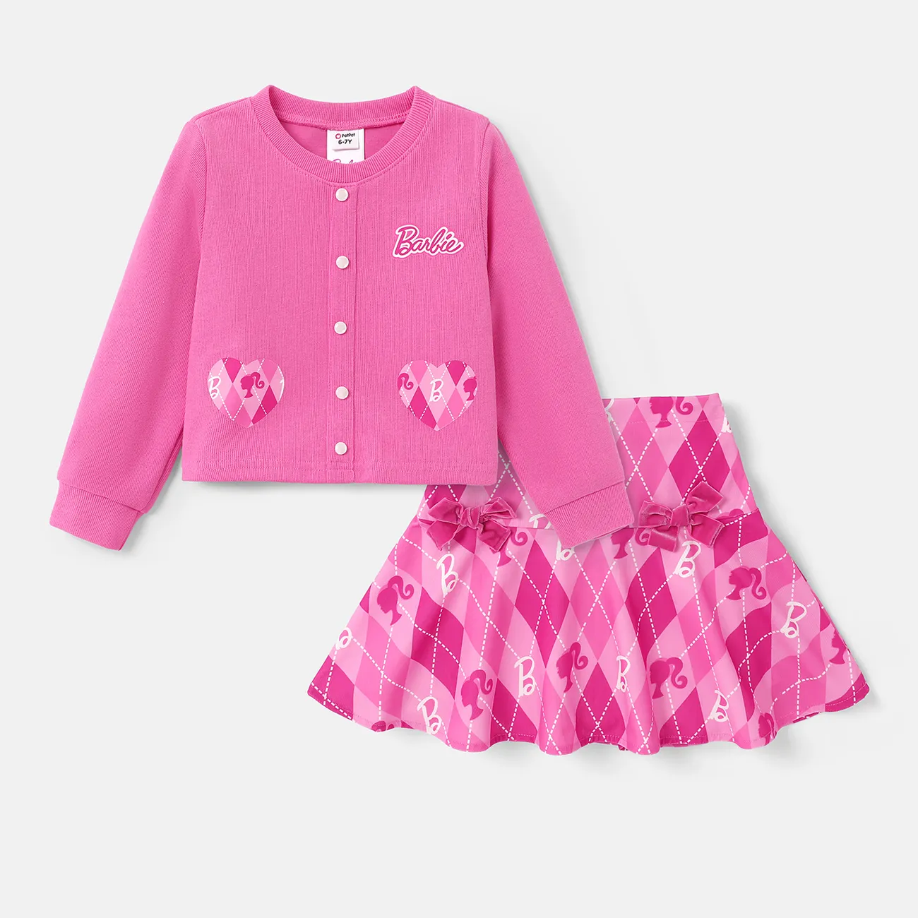 Barbie 2 pezzi Bambini Vestito con gonna Ragazza Bottone Lettere Rosa big image 1