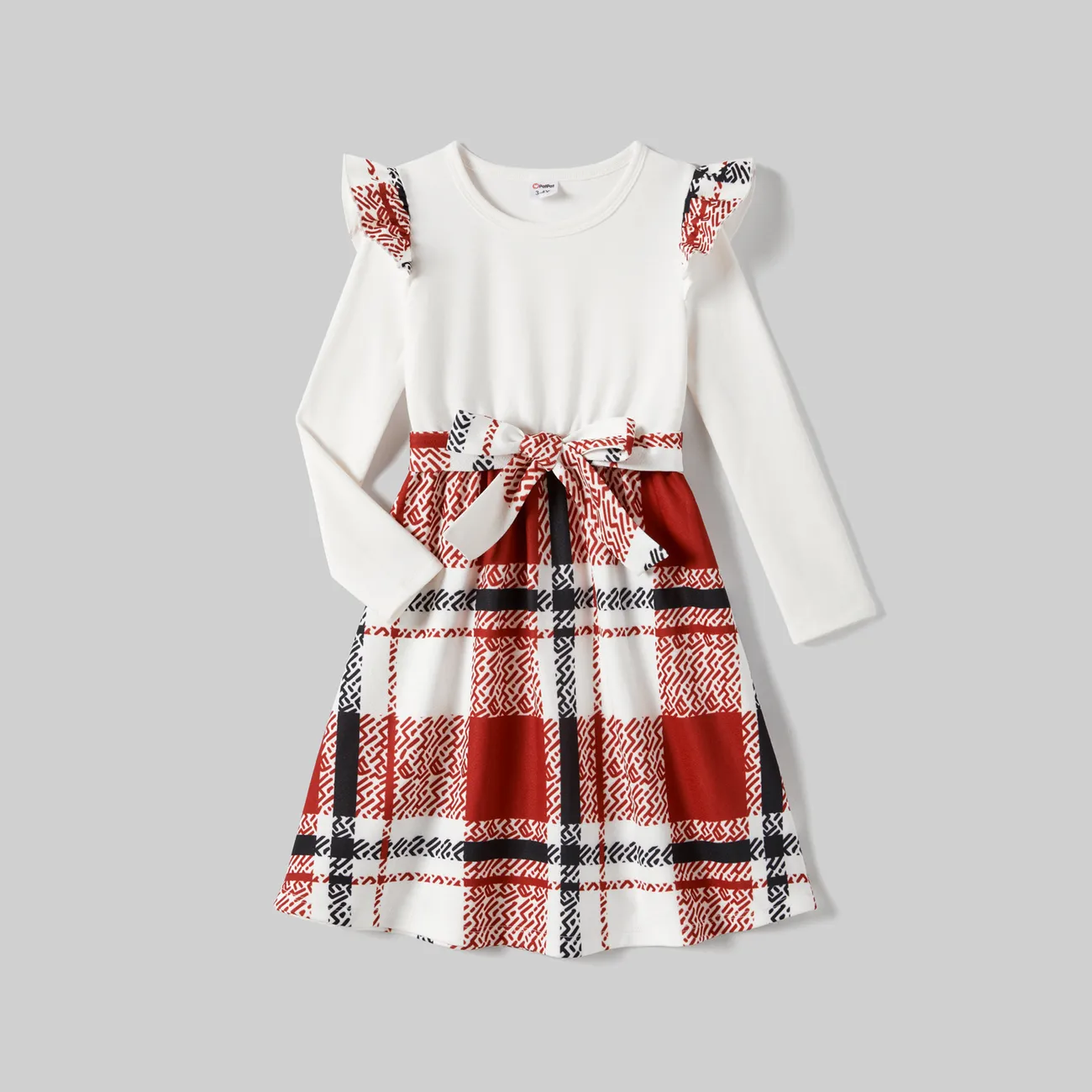 Family Matching Casual Long-sleeve Color-block Tops & Grid/Houndstooth Belted Dresses Sets  White big image 1