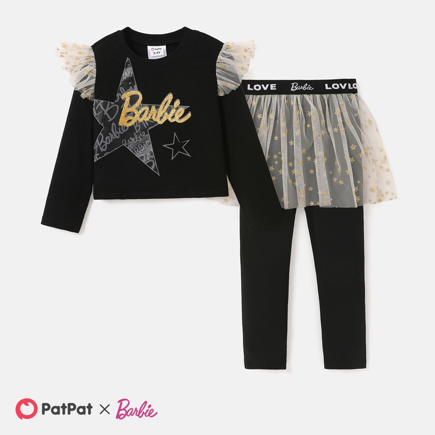 

Barbie Toddler Girl 2pcs Glitter Heart Stars Graphic Long-sleeve Top and Mesh Overlay 2 In 1 Legging Set