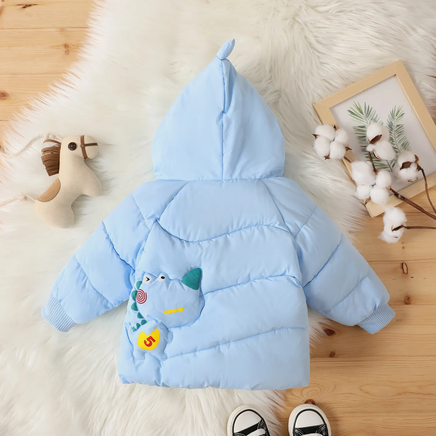 Toddler Boy Childlike 3D Dinosaur Print Cotton-Padded Winter Coat Sky blue image 2