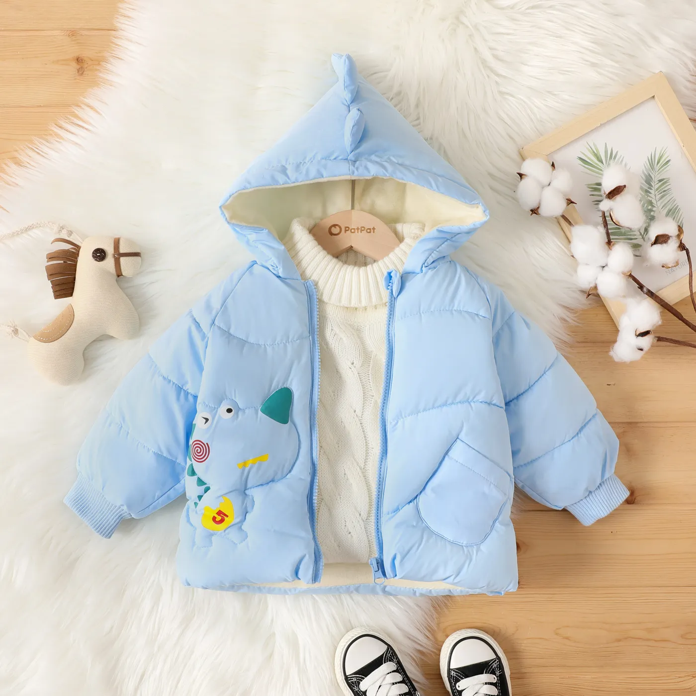 Toddler Boy Childlike 3D Dinosaur Print Cotton-Padded Winter Coat Sky blue big image 1