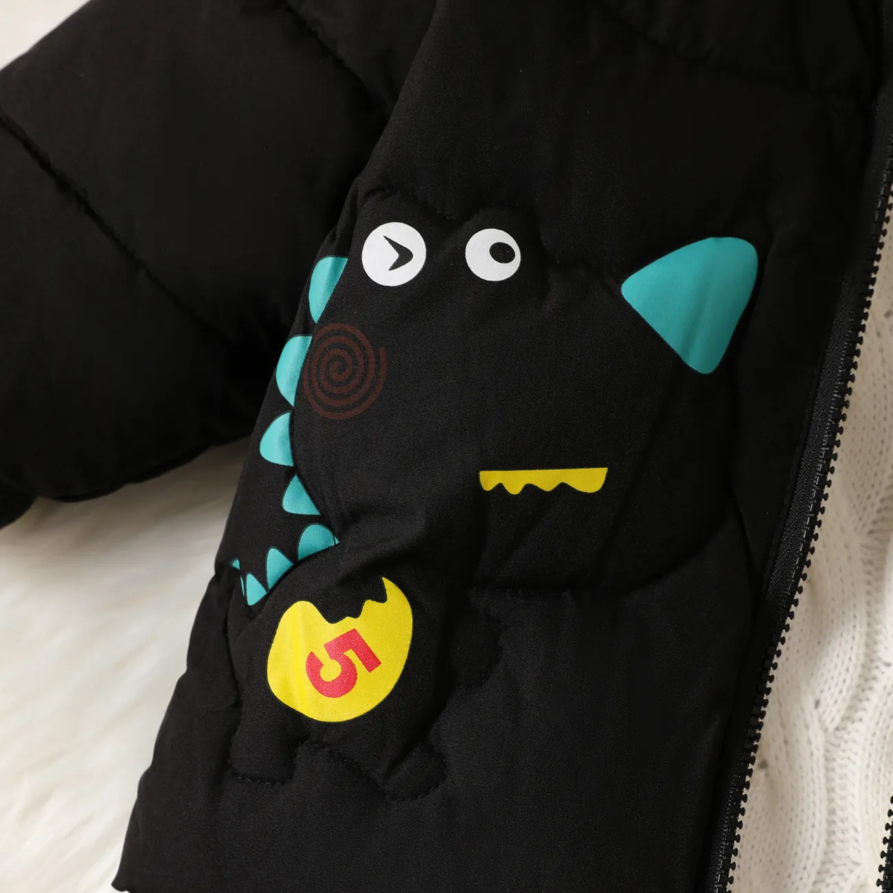 Toddler Boy Childlike 3D Dinosaur Print Cotton-Padded Winter Coat Black big image 1