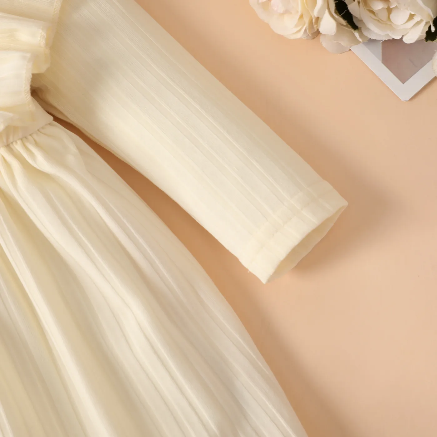 Baby Girl Elegant Solid Color Ruffle Edge Long Sleeve Dress Apricot image 4