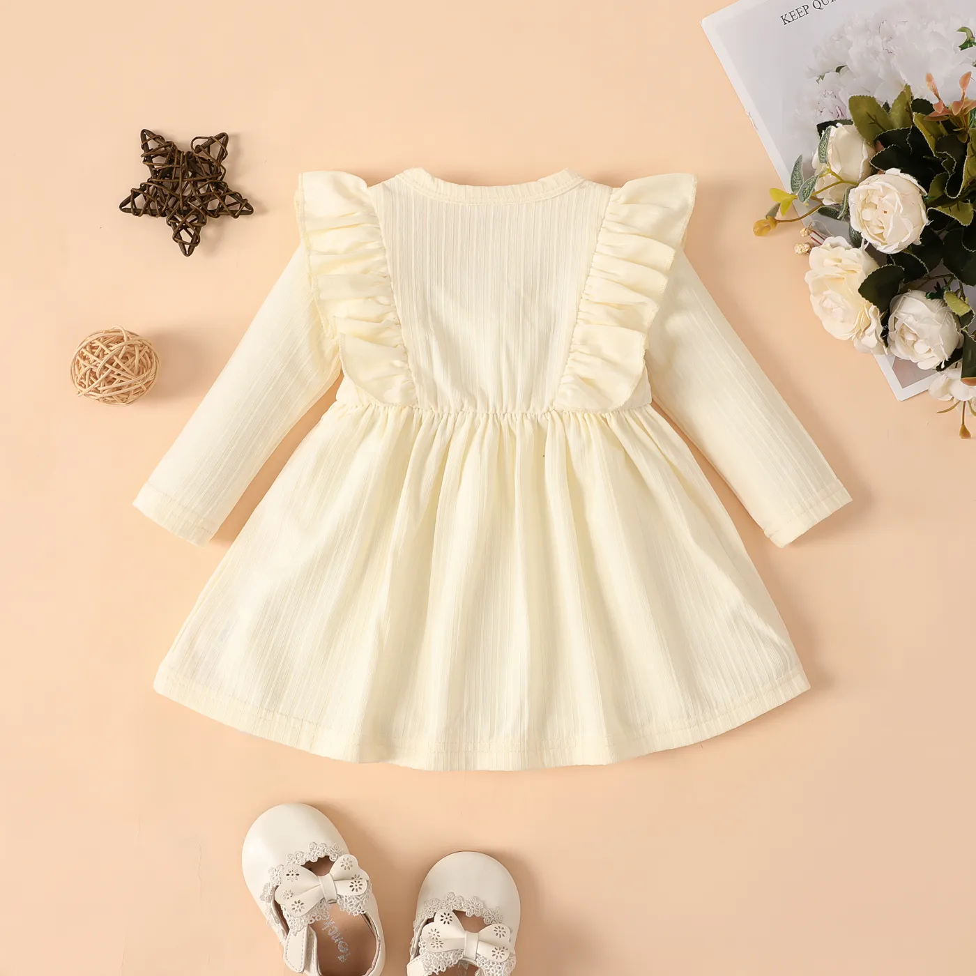 Baby Girl Elegant Solid Color Ruffle Edge Long Sleeve Dress Apricot image 2