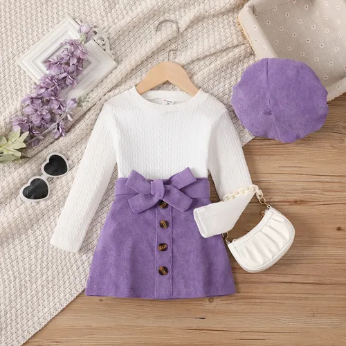 3pcs Toddler Girl Cable Knit Top & Belted Skirt & Hat Set 
