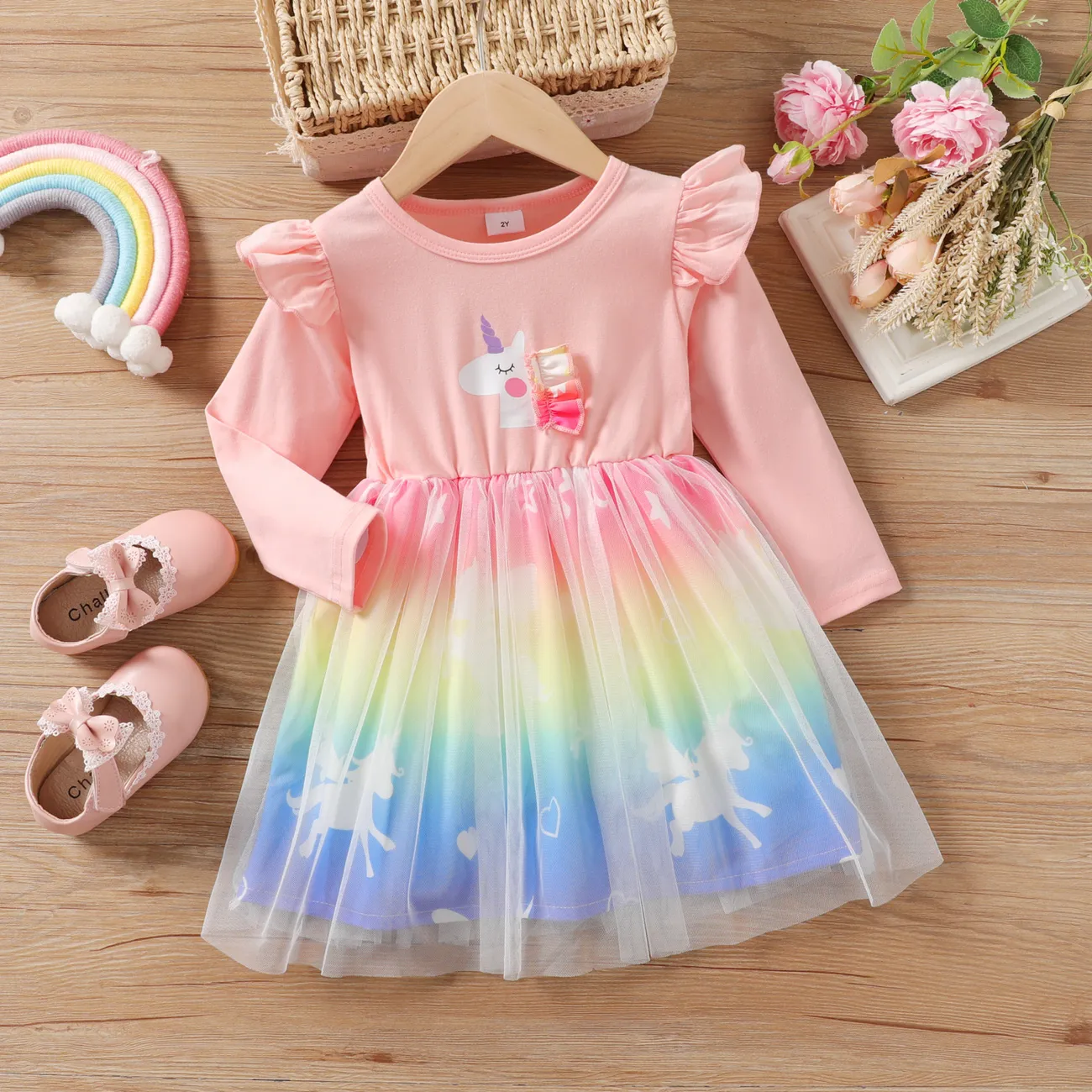 2pcs Toddler Girl Hyper-Tactile Unicorn Pattern Mesh Fairy Dress  big image 1