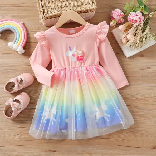 2pcs Toddler Girl Hyper-Tactile Unicorn Pattern Mesh Fairy Dress