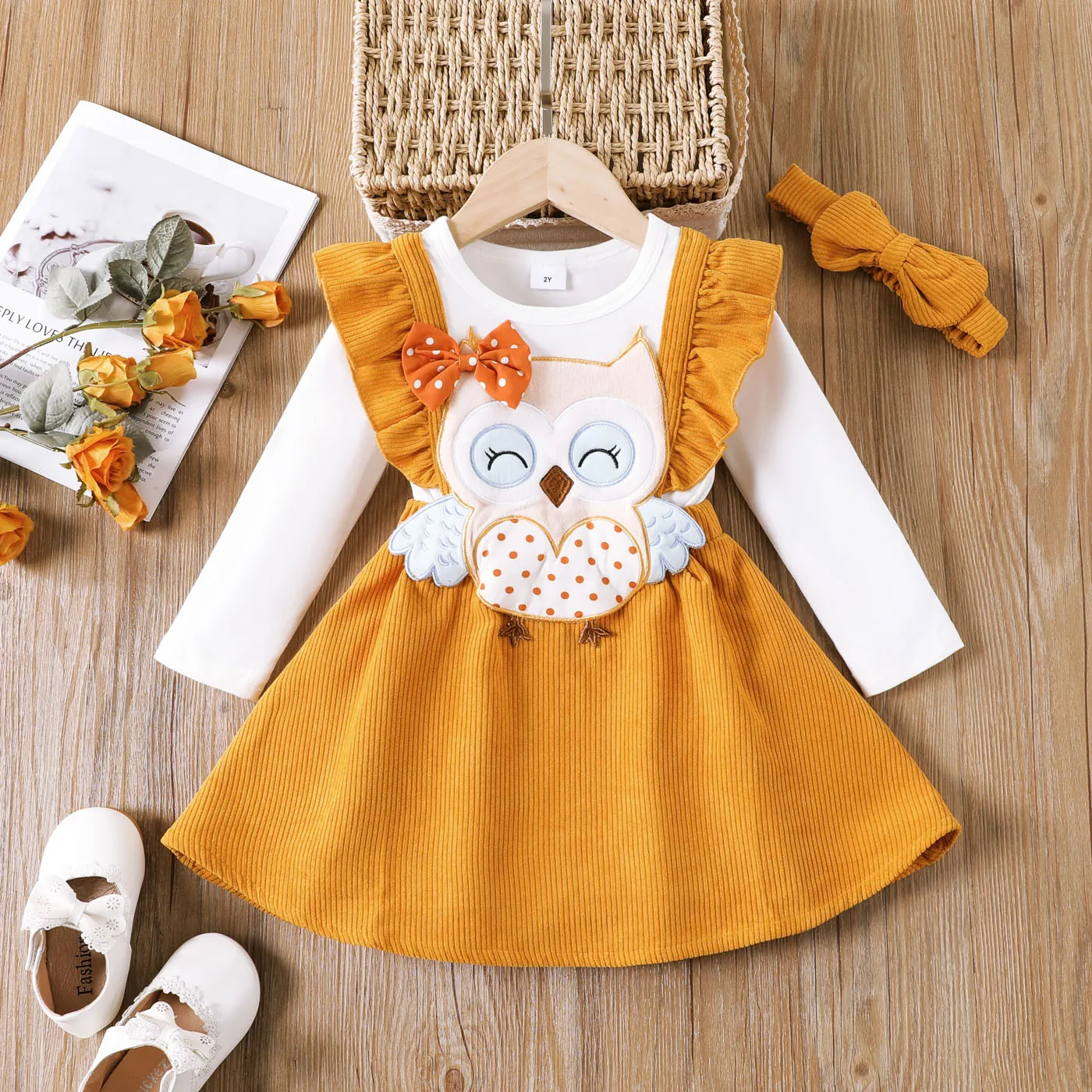 2pcs Toddler Girl Owl Embroidered Ruffled Dress with Headband