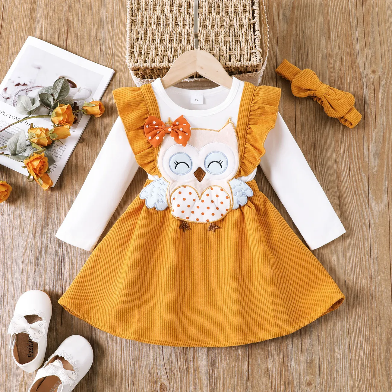 2pcs Toddler Girl Owl Embroidered Ruffled Dress with Headband  Yellow big image 1