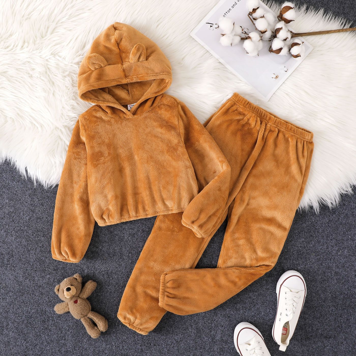 2-piece Kid Girl/Boy Solid Color Ear Design Fuzzy Hoodie Sweatshirt And Pants