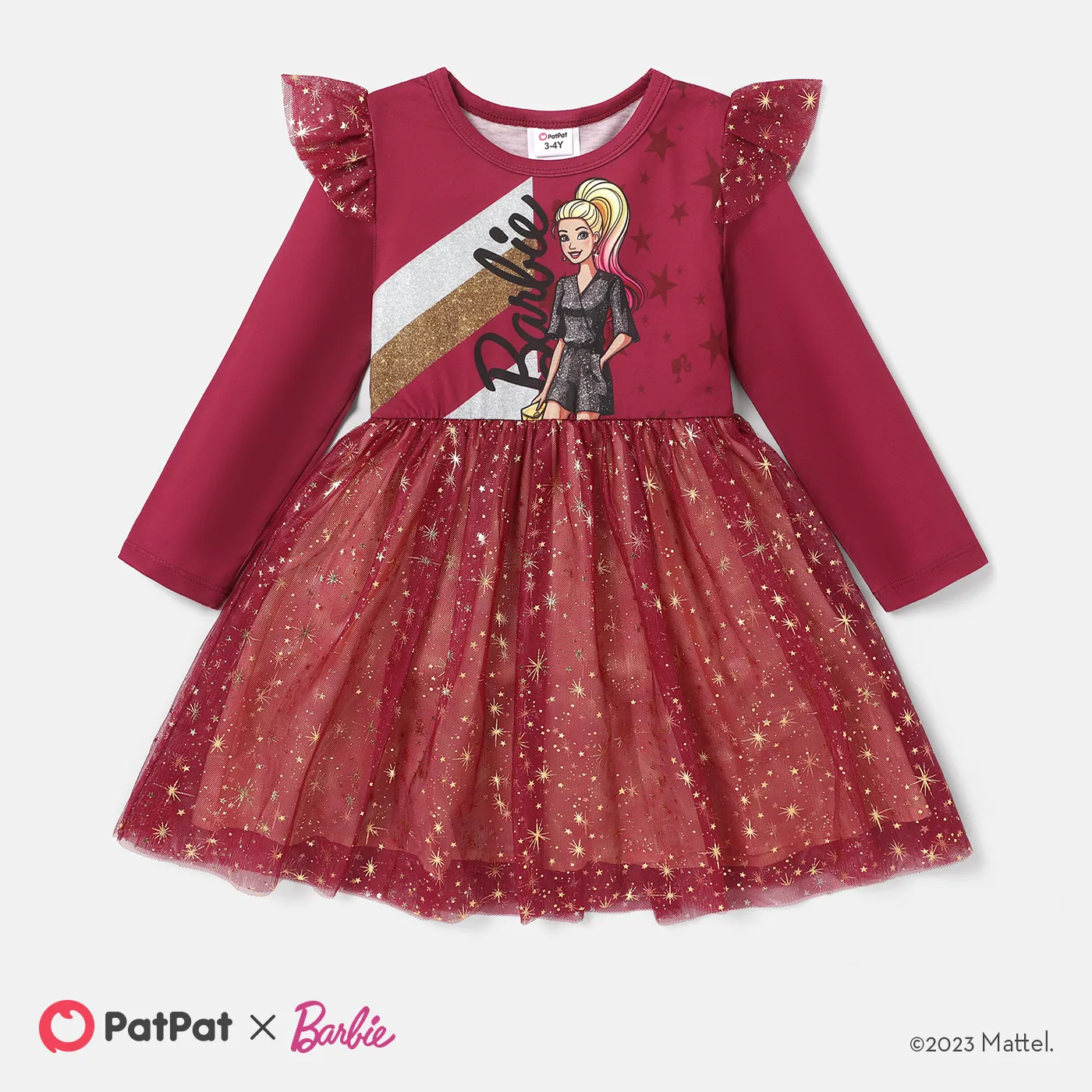 

Barbie Toddler Girl Ruffle Long-sleeve Stars Pattern Mesh Fairy Dress