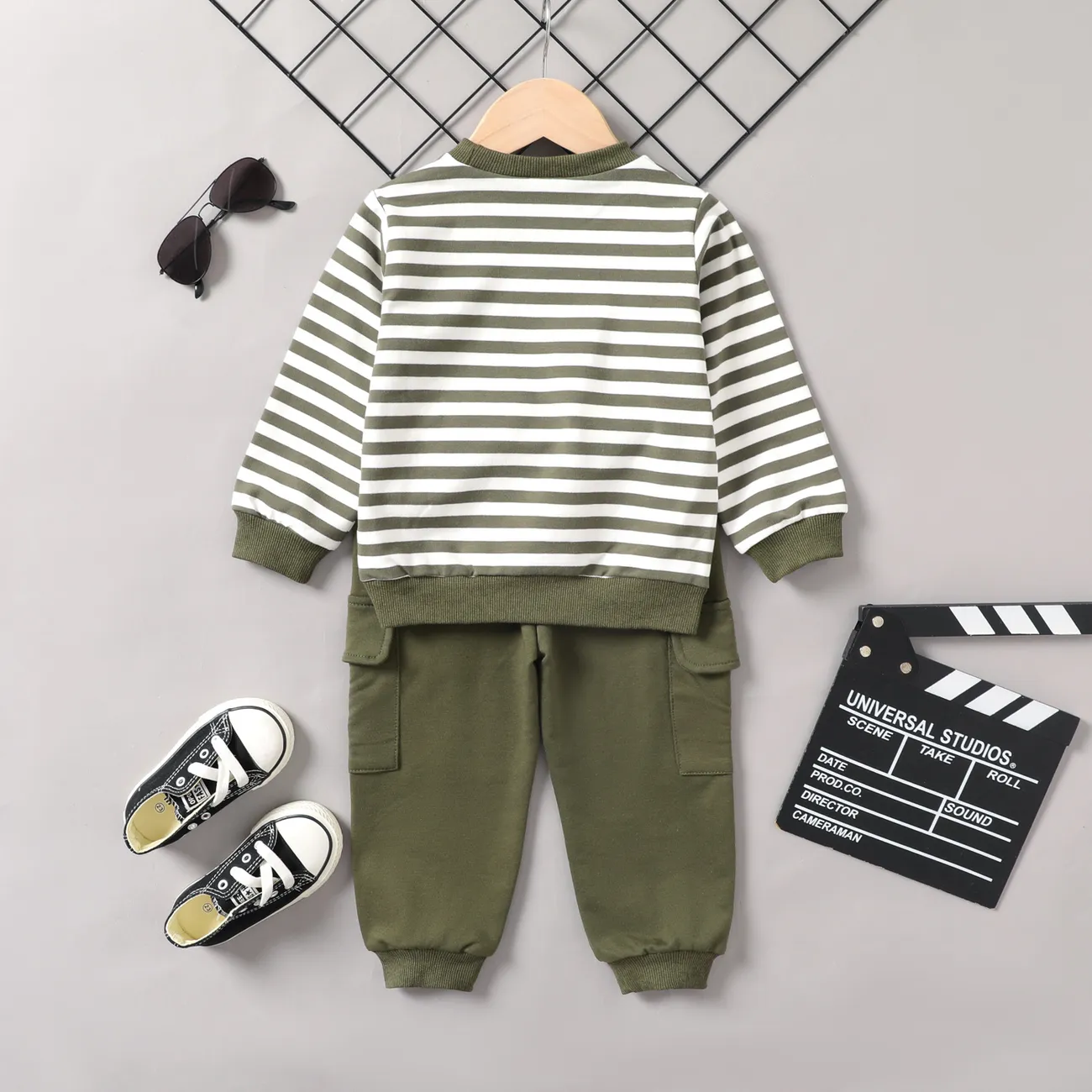 2pcs Todder Boy Cotton Stripe Set with Patch Pocket Army green big image 1