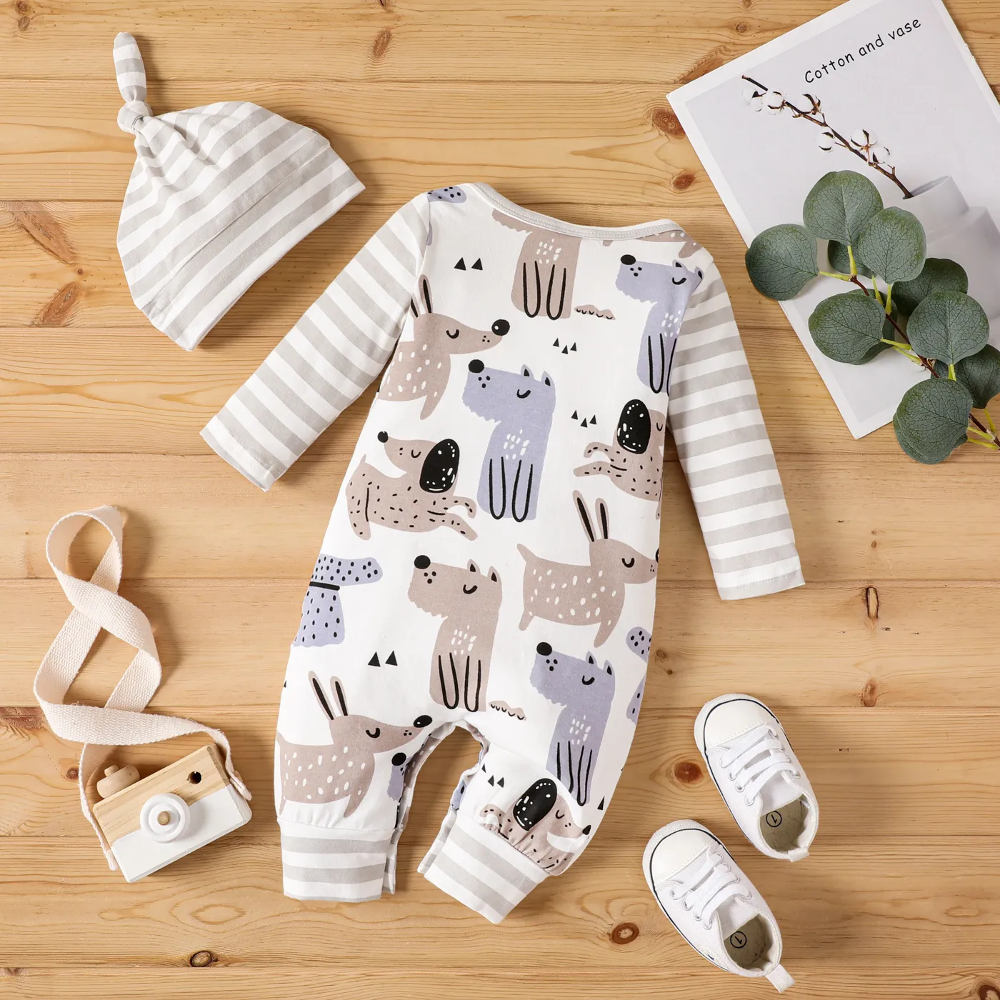 95% Cotton 2pcs Baby Girl Cute Animal Pattern Long Sleeve Jumpsuit Color block image 2