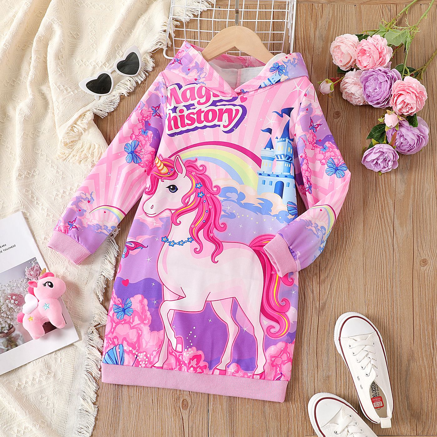 

Kid Girl Unicorn Pattern Hooded Dress